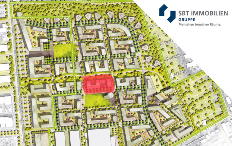 Karte mit mehreren Gebäuden, bei der ein Gebäudekomplex umrahmt ist. Logo der SBT Immobilien Gruppe oben rechts mit dem Slogan "Menschen brauchen Räume".